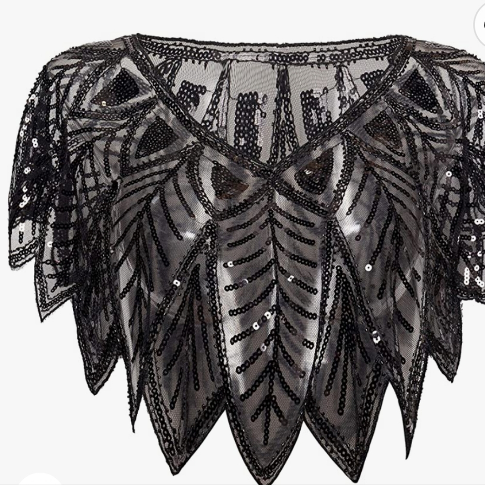 1920s shawl wrap sequin black beaded evening cape flapper dress- New years eve